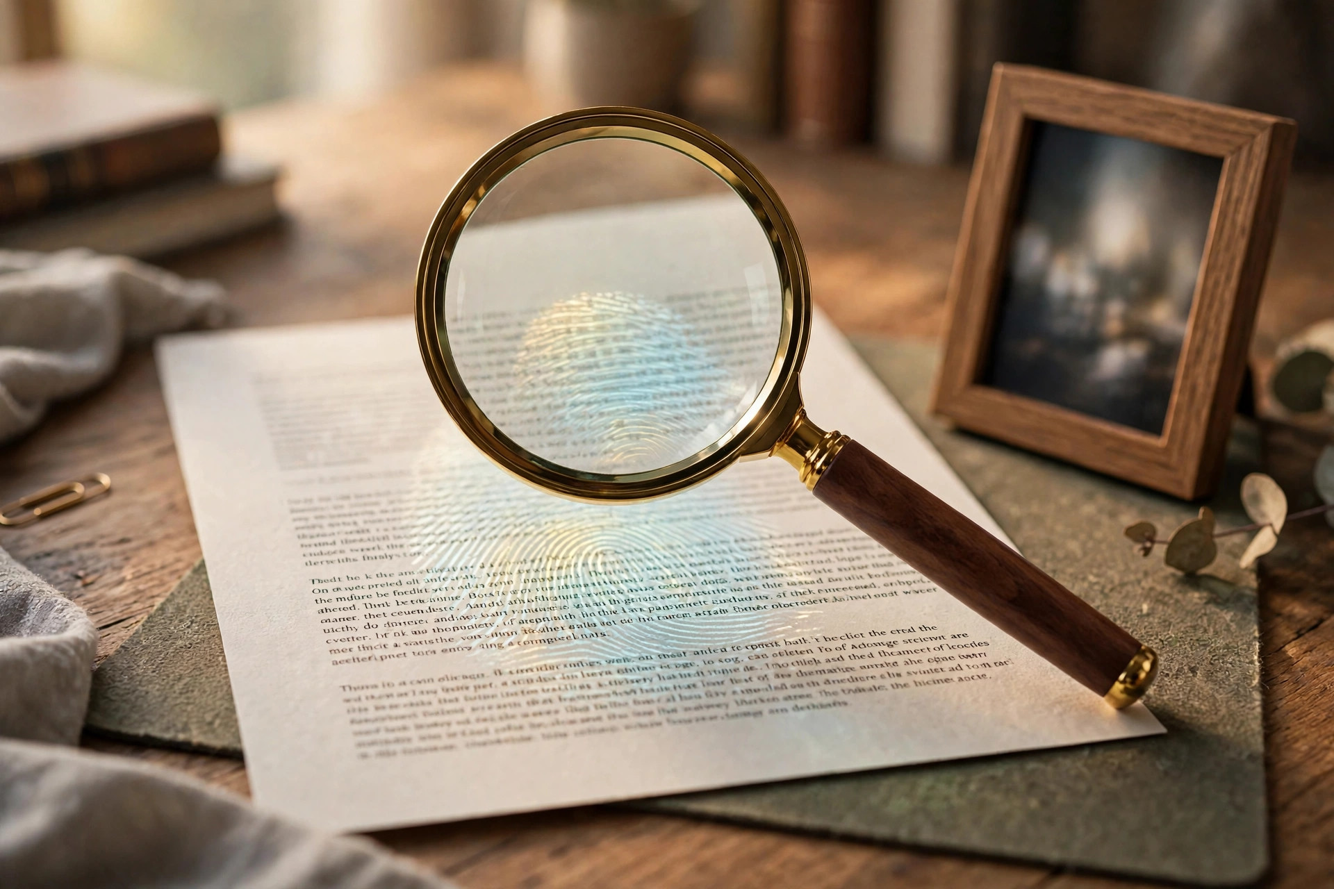 A magnifying glass over a document and a photograph, checking whether they are real
