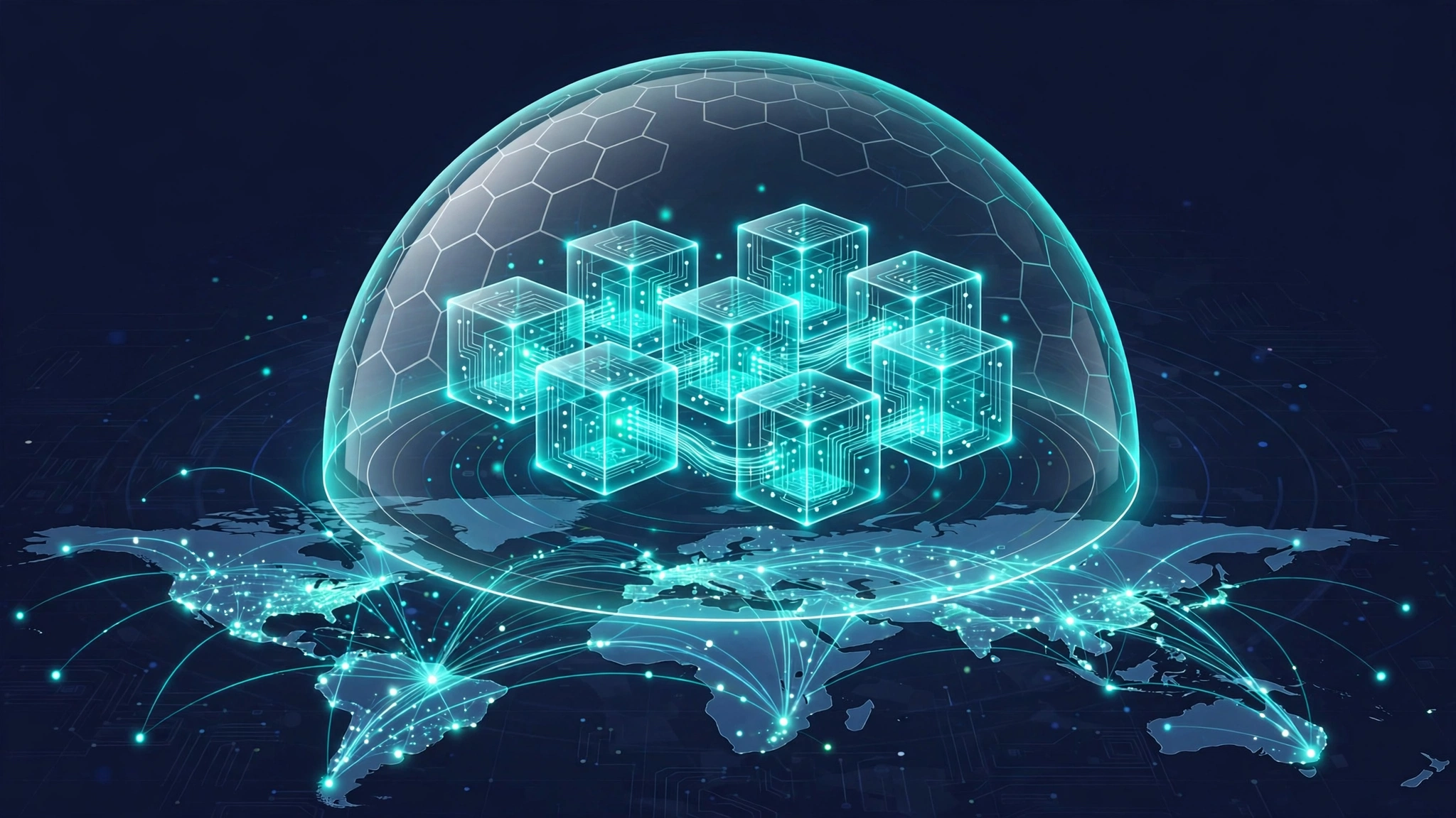 Glowing code containers inside a protective dome connected across a global network