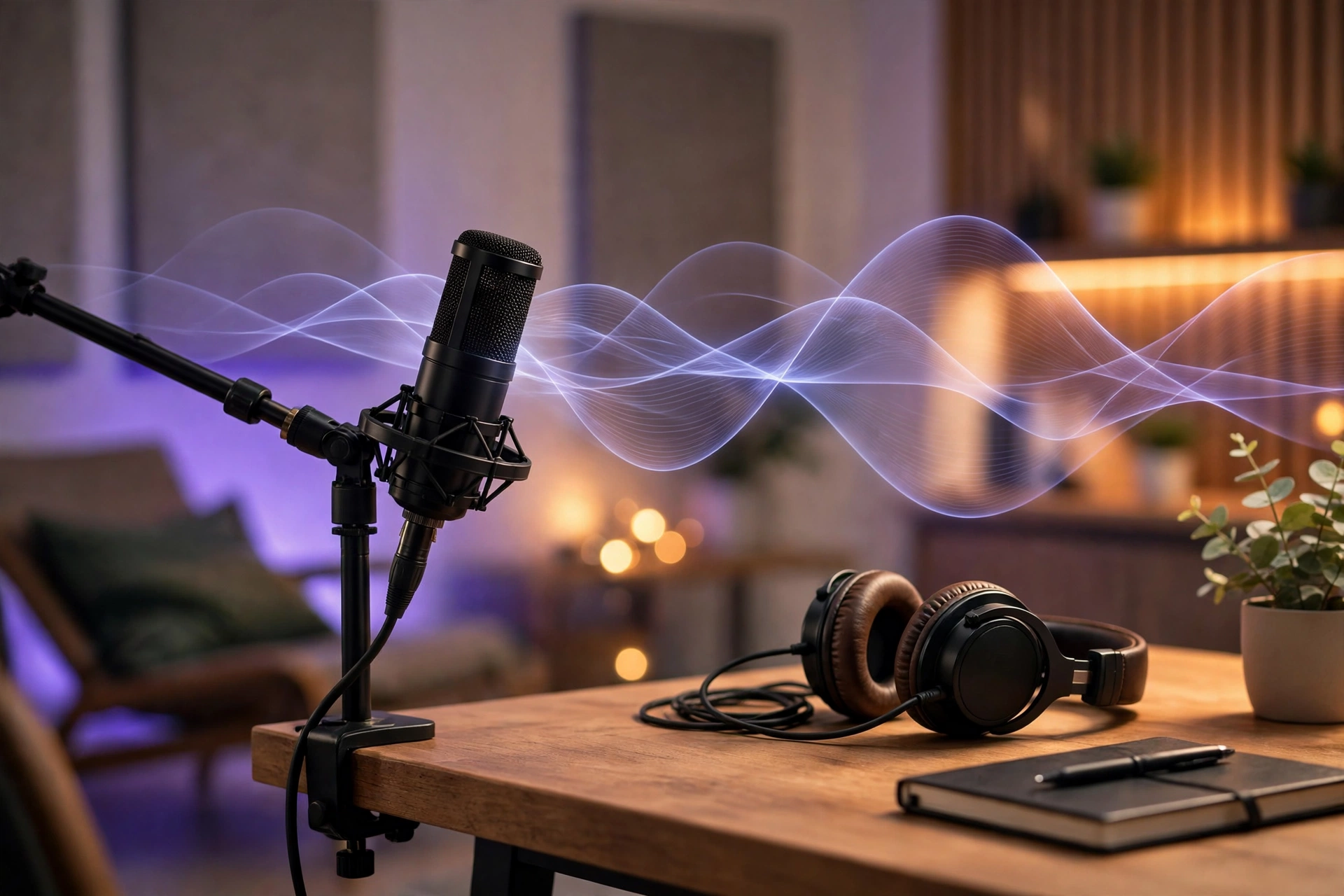 Studio microphone and headphones in a podcast studio with glowing sound waves