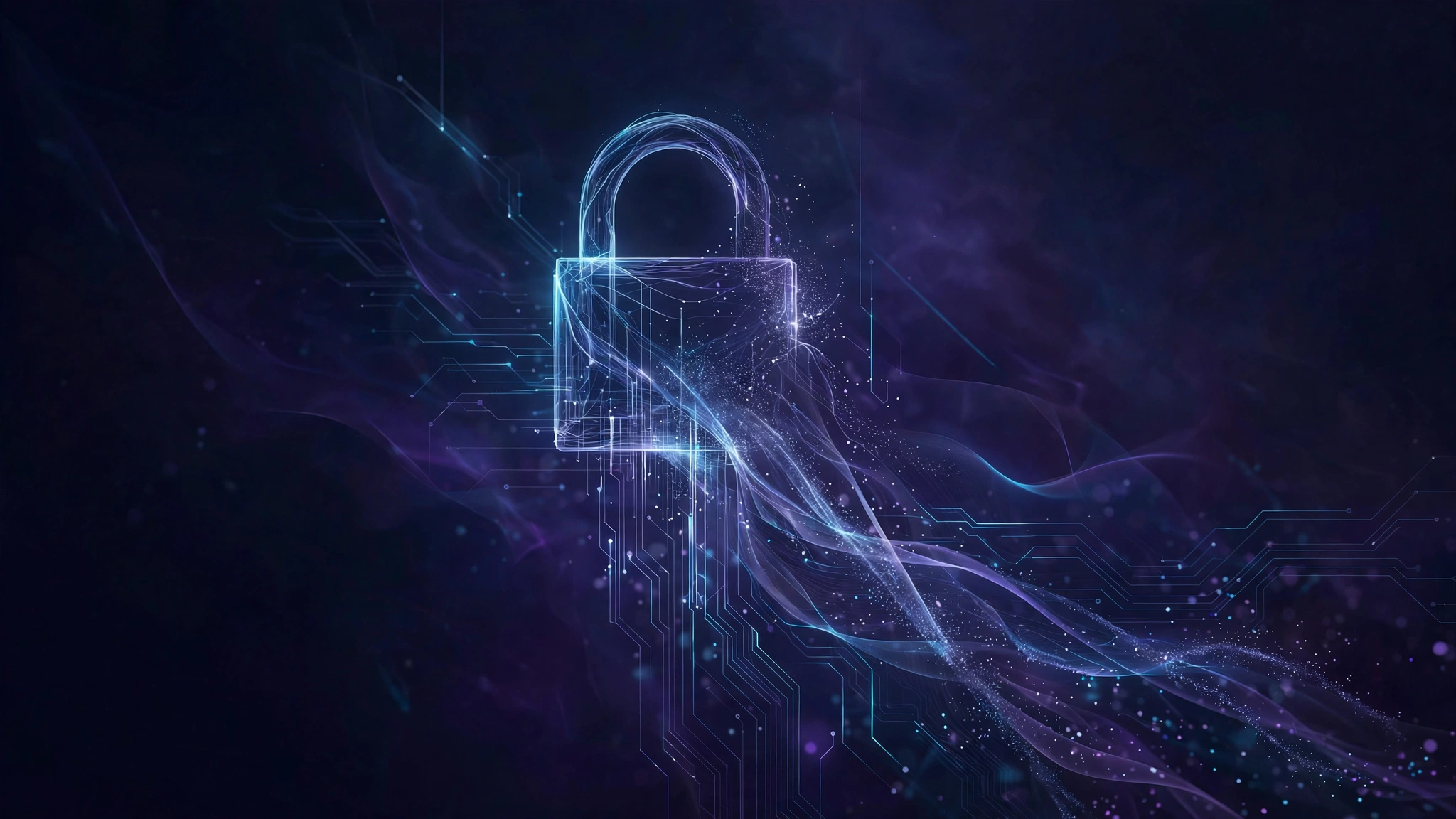 A glowing padlock of light dissolving into encrypted data streams on a dark background