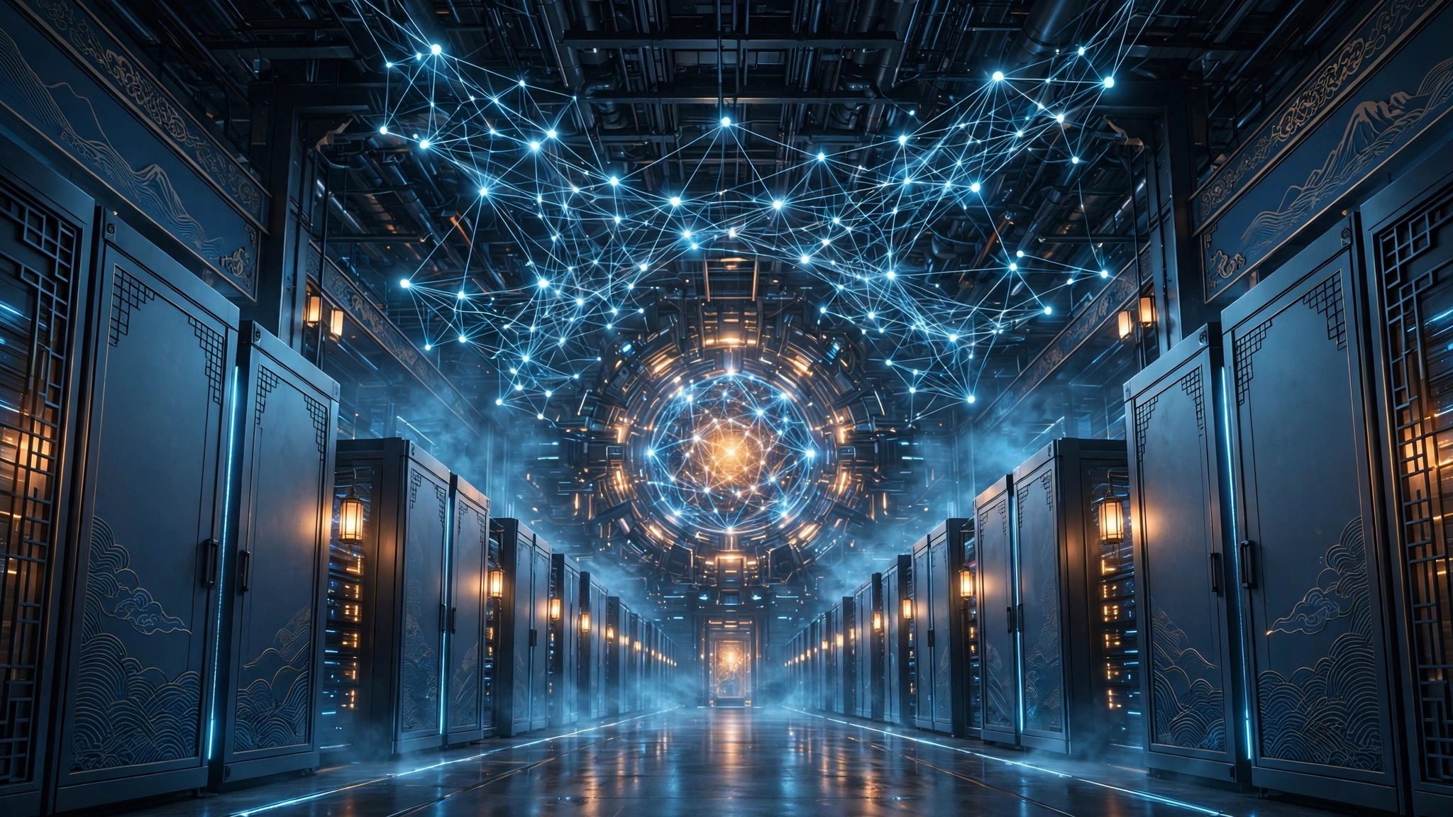AI data center corridor lined with server racks and a glowing neural network overhead — the compute buildout behind DeepSeek's reported $15B raise