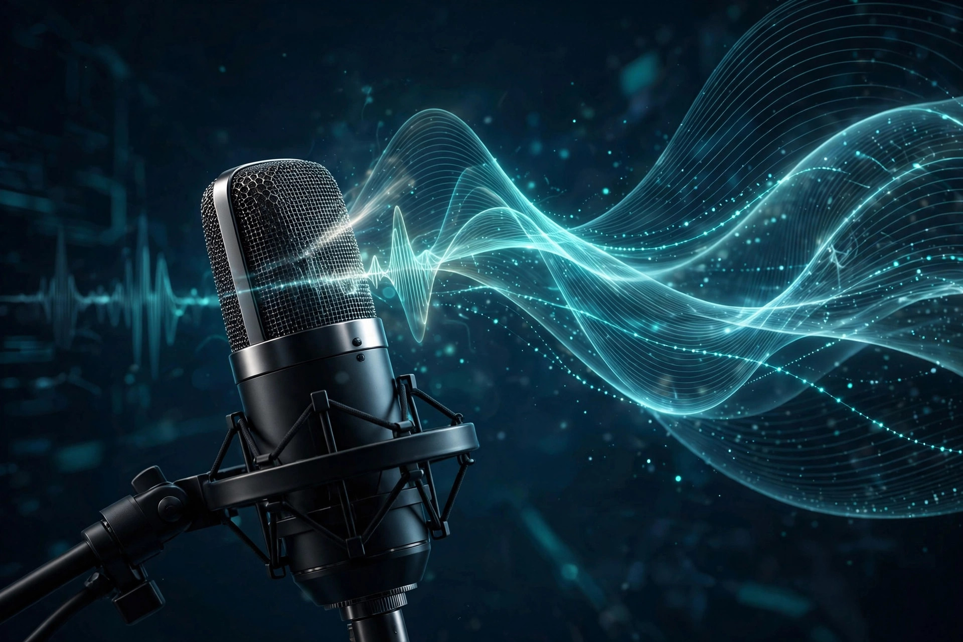 Studio microphone with glowing AI sound waves — ElevenLabs review 2026