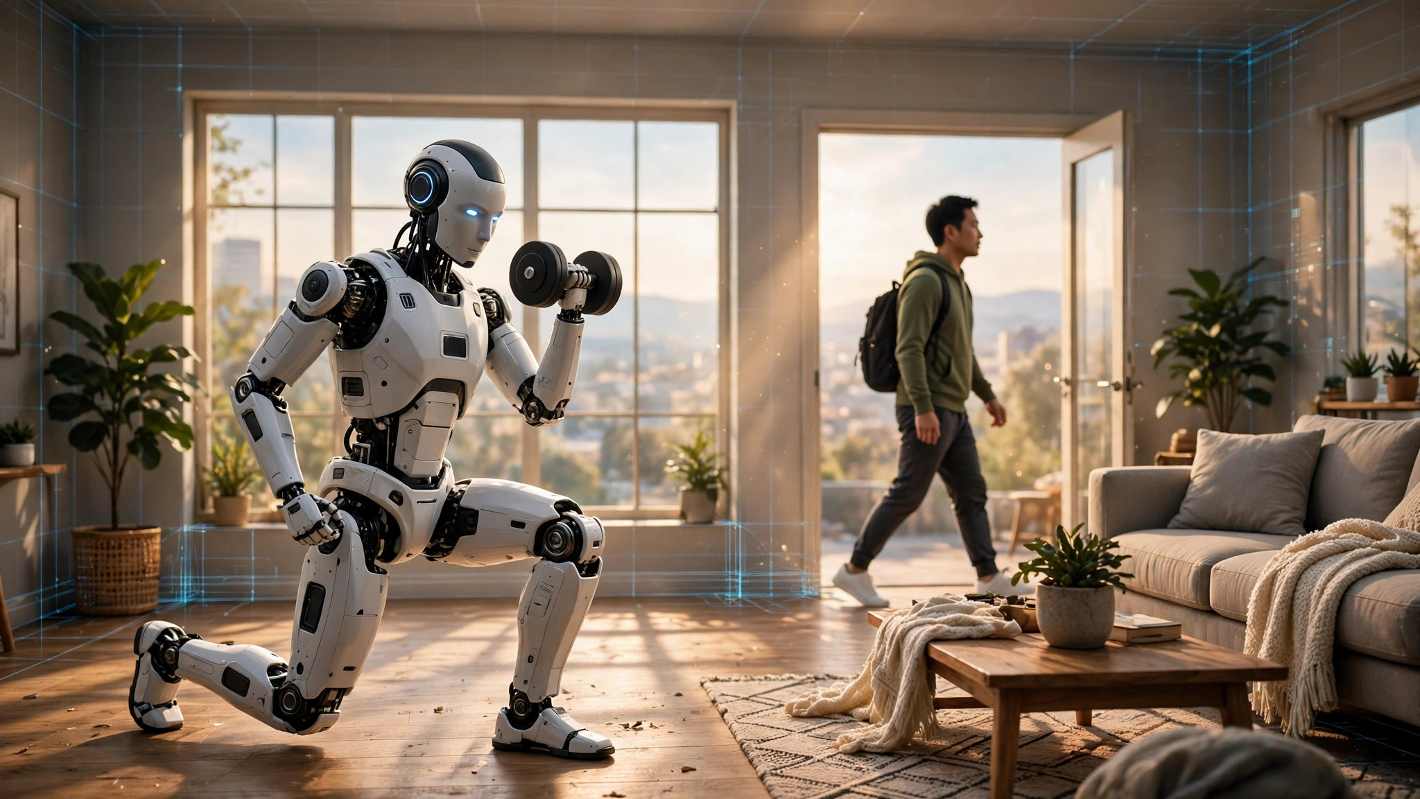 A humanoid robot training inside a bright simulated living room while a person walks through it