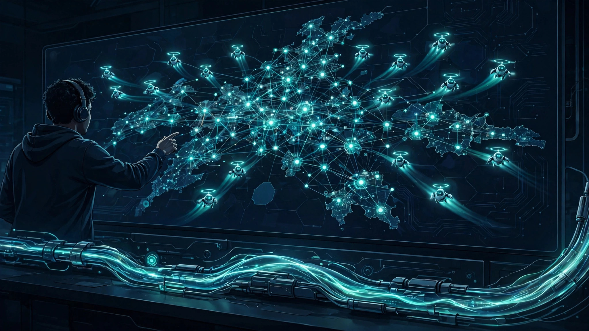 A developer directing a fleet of AI agents across a large code repository map