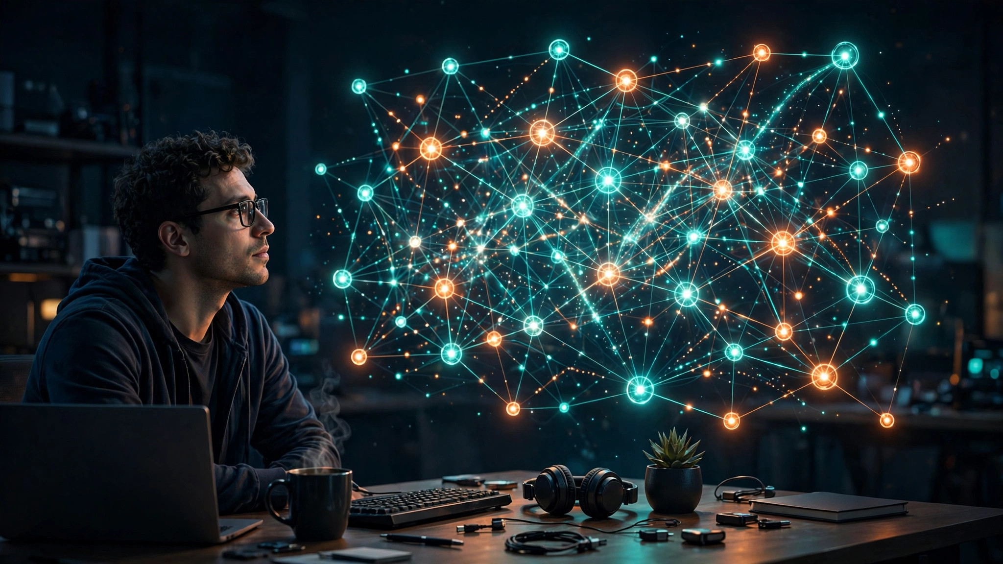 A software engineer looking at a large glowing network graph connecting code, merge requests, pipelines and vulnerabilities into one unified view