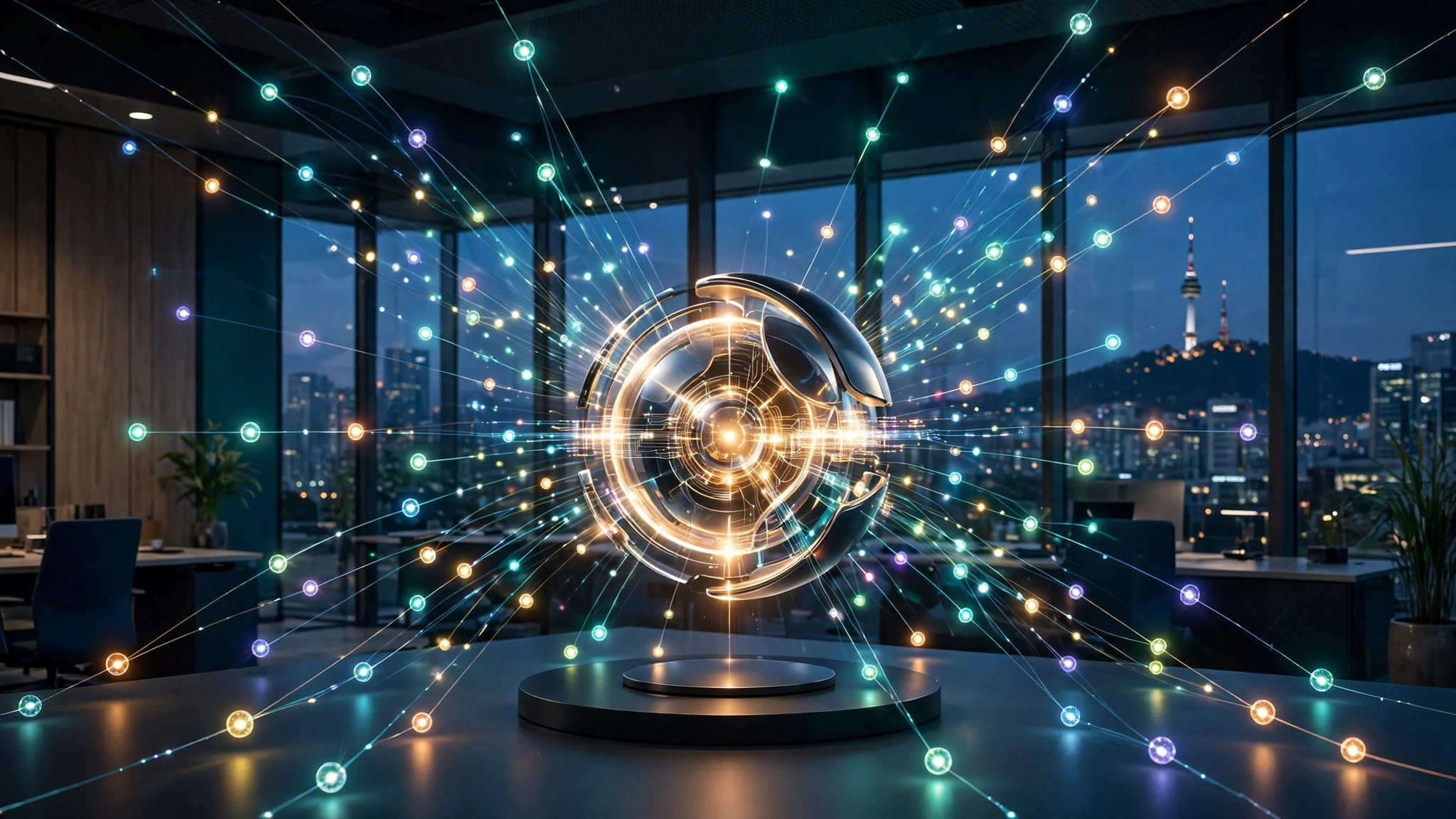 A glowing central hub in a Seoul office at dusk, with dozens of small coloured lights streaming into it — an illustration of many AI models routed through one platform