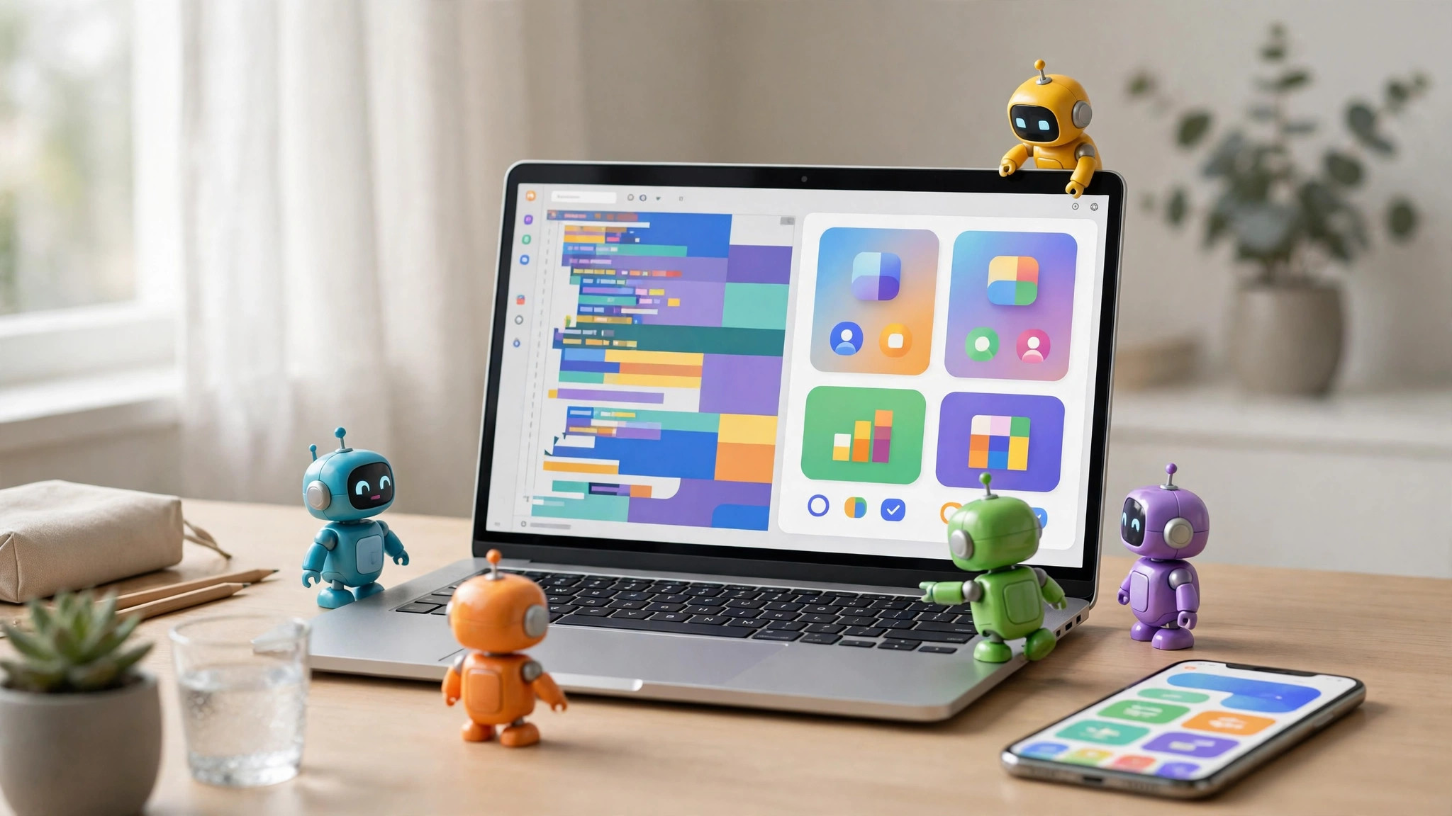 A laptop showing a code editor and colourful app interface previews, with several small colourful robot assistant figures gathered around it