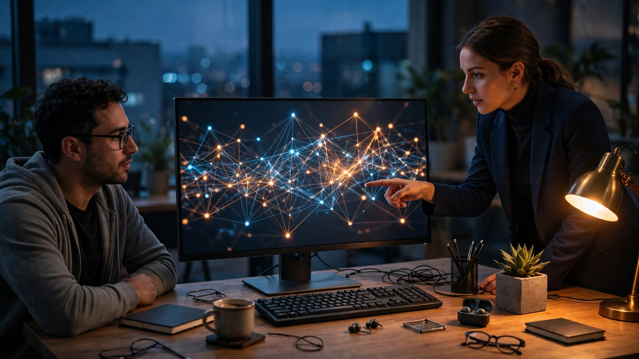 Two developers reviewing a code dashboard on a large monitor