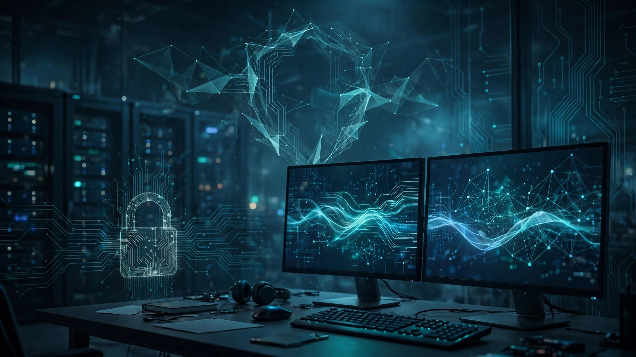 A security operations centre at night, a developer workstation with glowing code on dark screens, shield-like light lines over a dark blue and teal scene