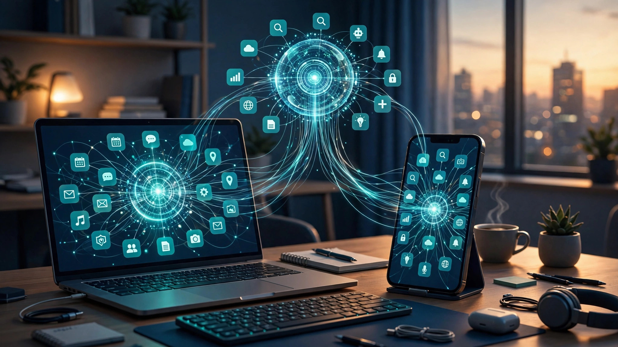 A laptop and phone on a desk, their screens connected by glowing lines to a central hub of app icons — an illustration of apps living inside search and AI tools