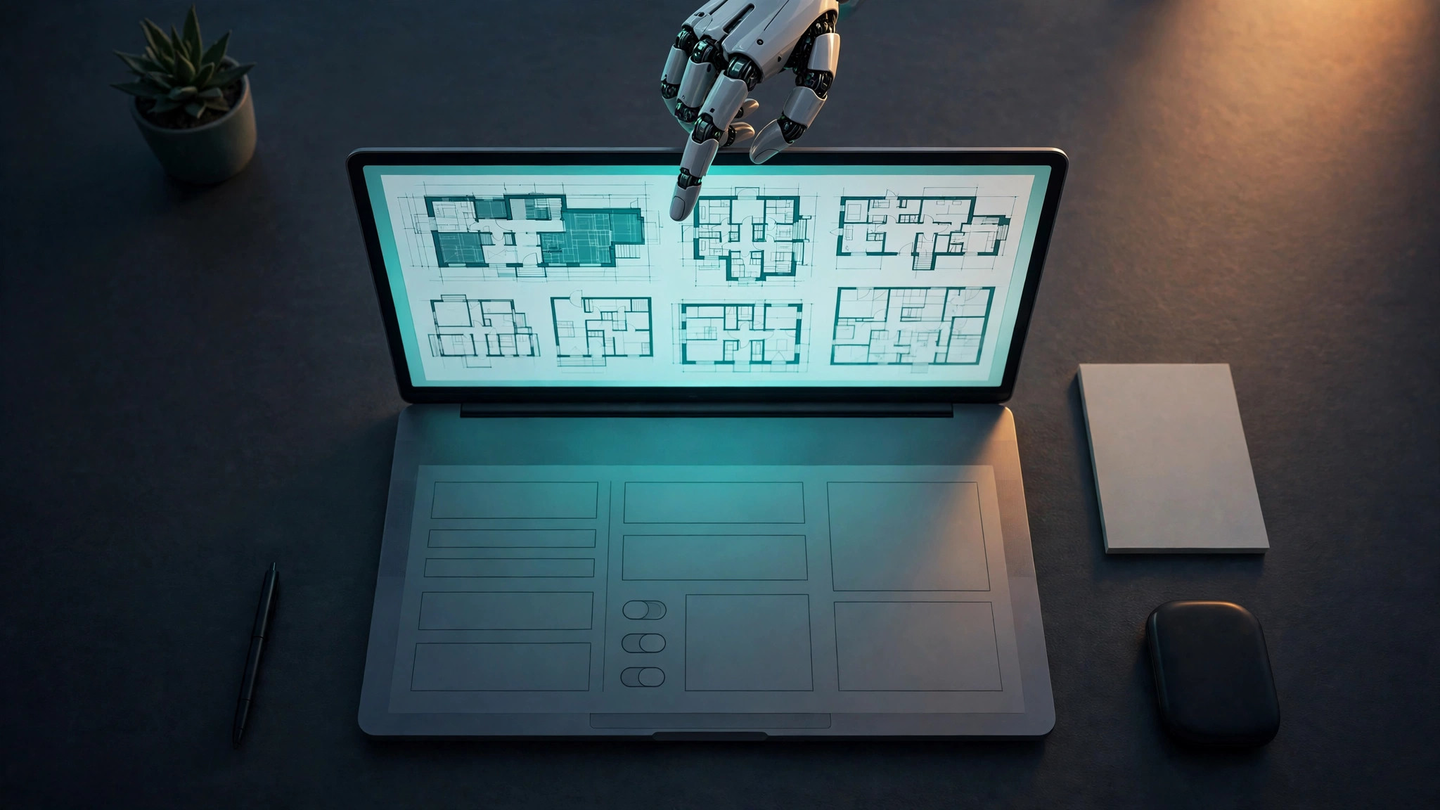 A robotic hand over a laptop screen showing architectural drawings