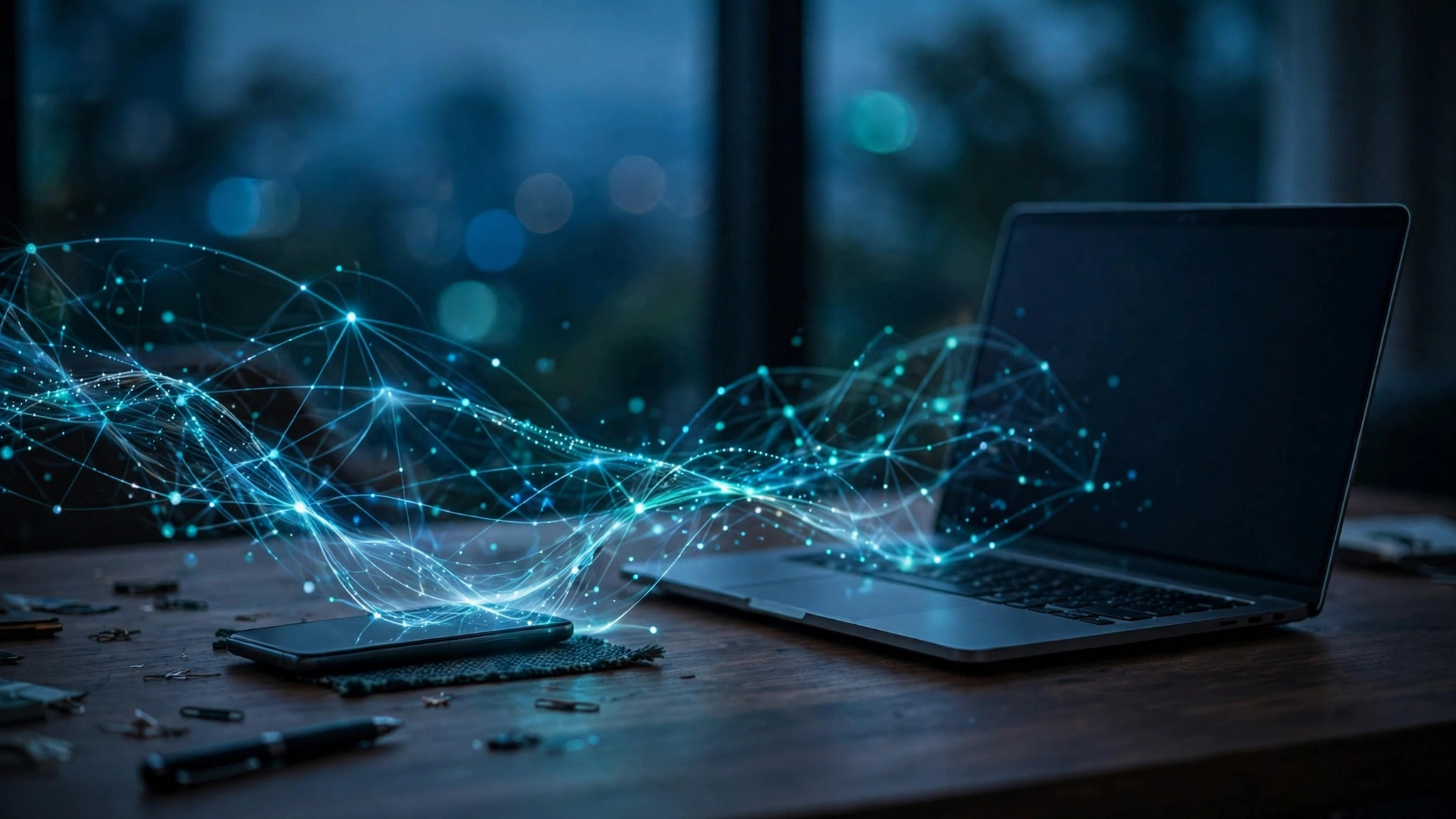 A phone and laptop on a desk connected by glowing neural network light trails