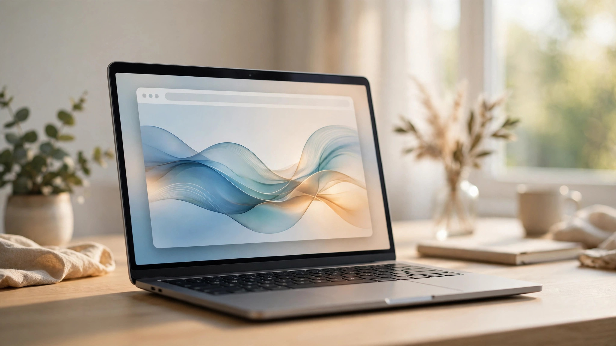 A laptop on a desk showing a browser window with flowing abstract shapes
