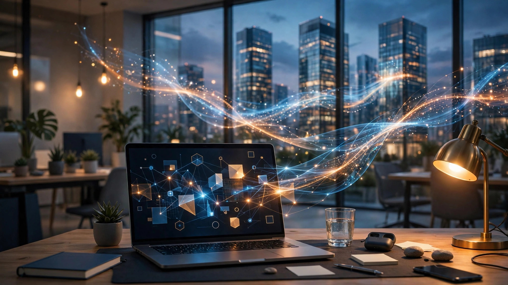 A laptop on a desk in an office at dusk, with glowing data streams flowing between city towers outside the window
