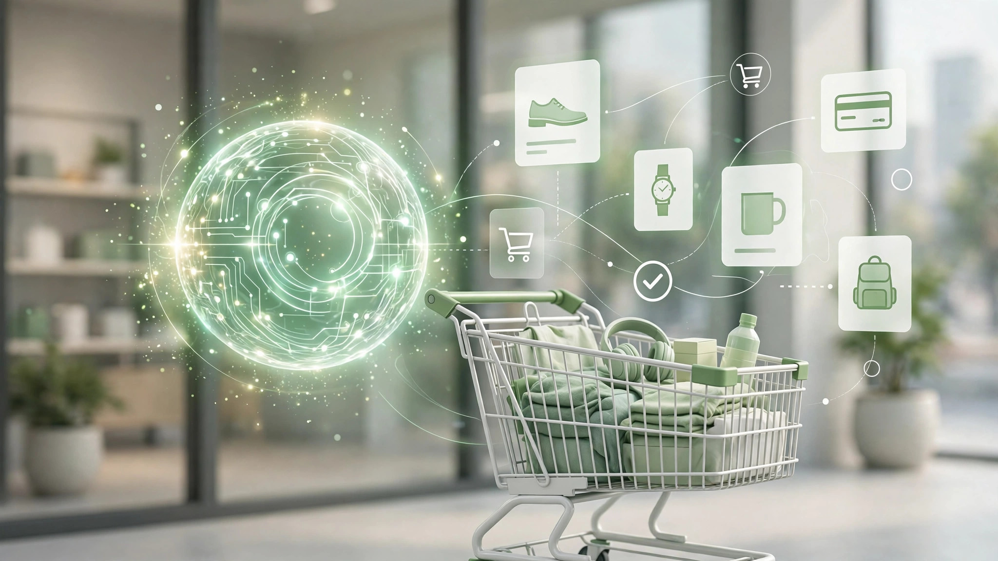 An AI shopping assistant guiding a cart through a modern online storefront, with product cards and a checkout flow in a clean green and white scene