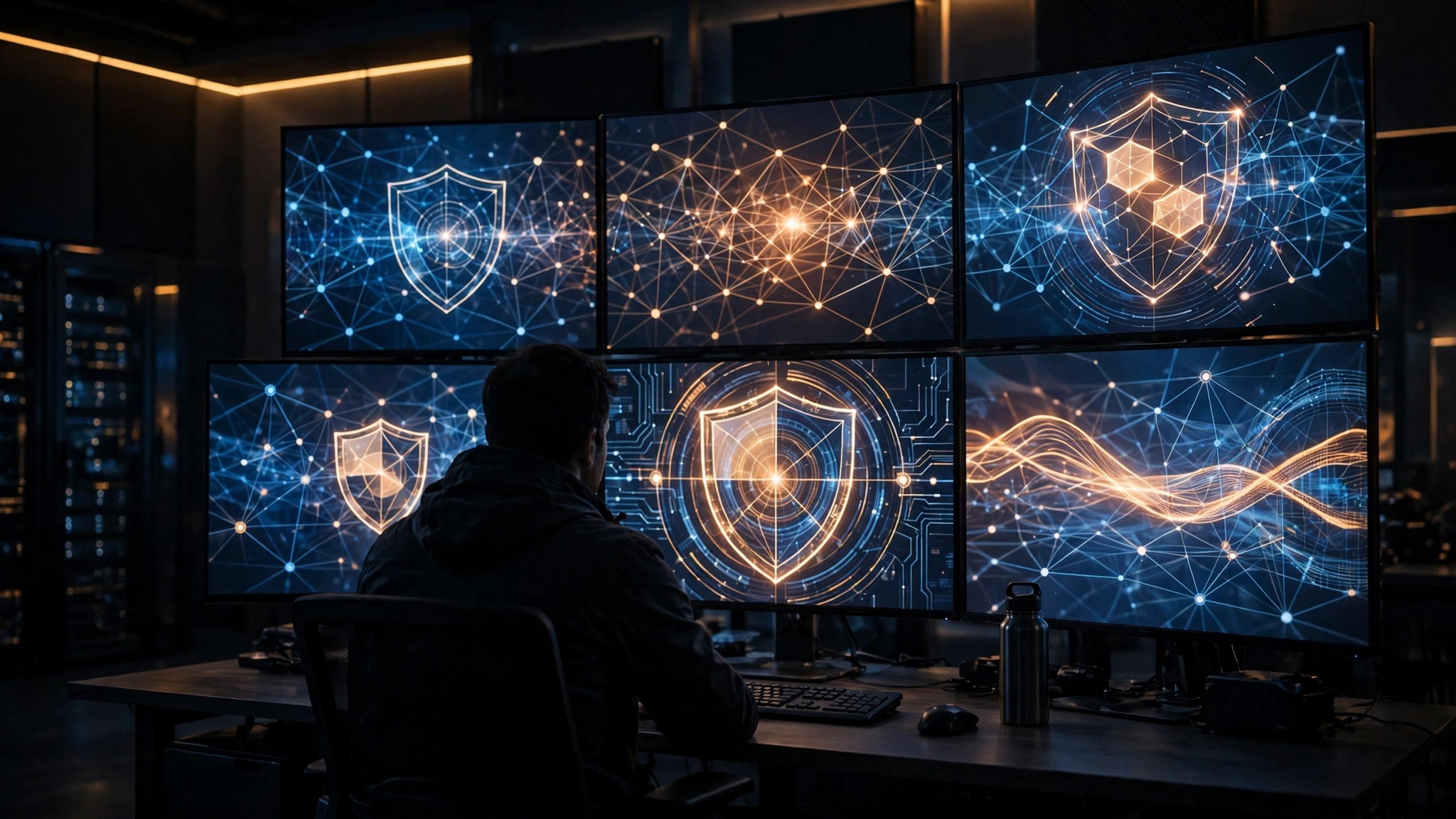 A security operations centre at night, an analyst before large monitors showing glowing network-defence diagrams