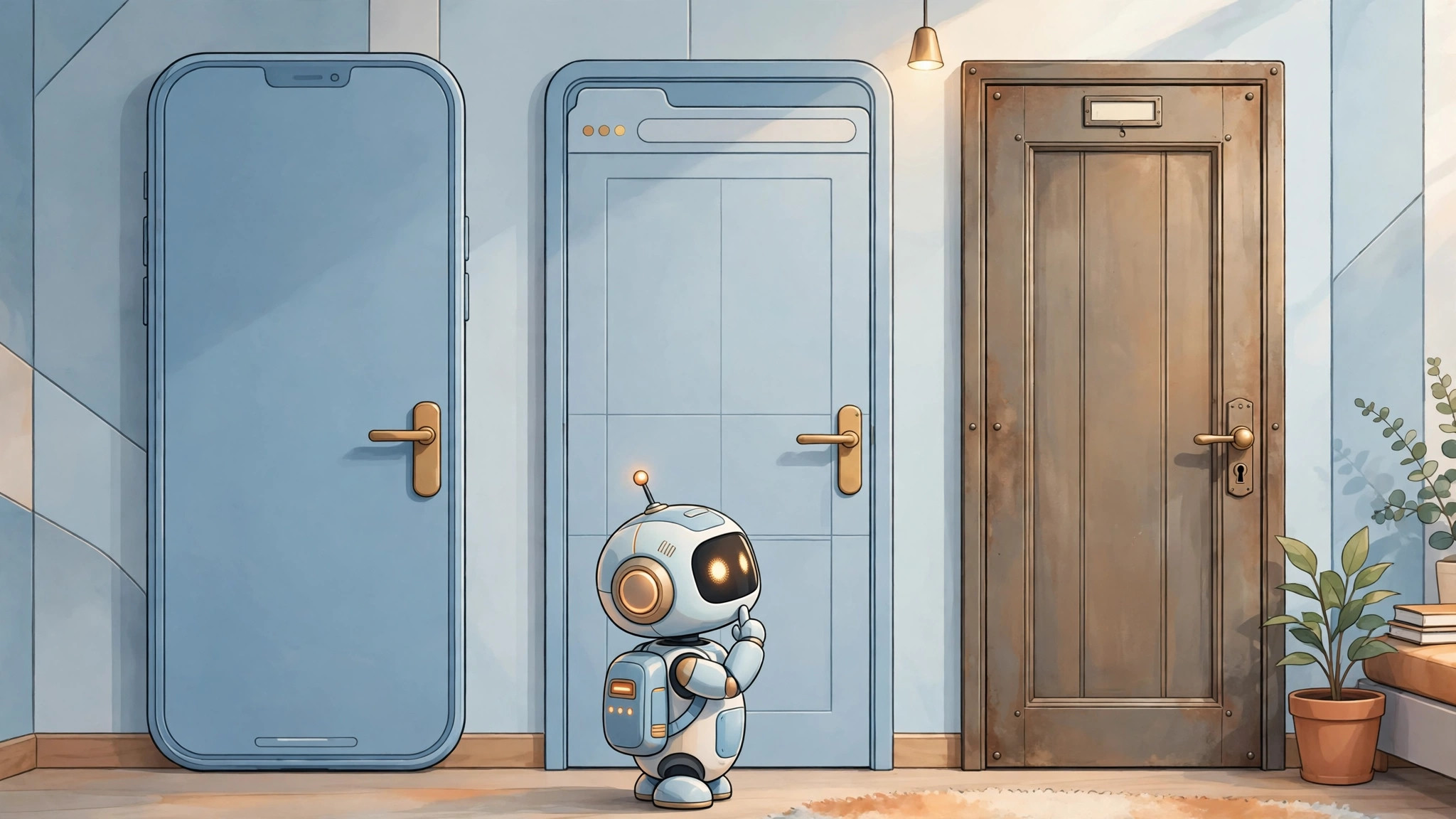 Four different doors for an AI agent: a website with no API, a desktop screen, a real iPhone, and a cloud browser