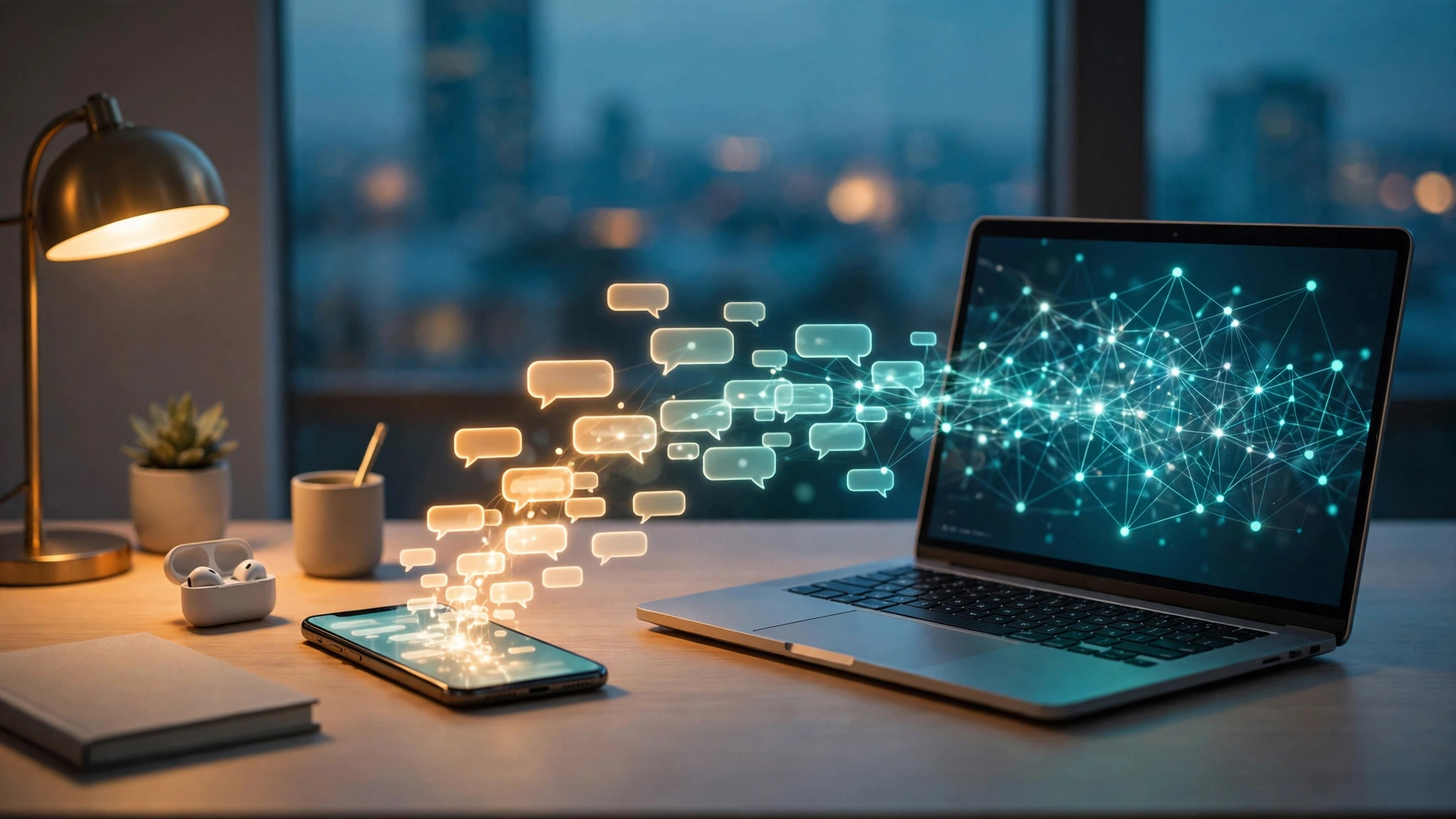 A developer desk at dusk with a laptop showing glowing API connection nodes and chat bubbles flowing from a phone into the screen