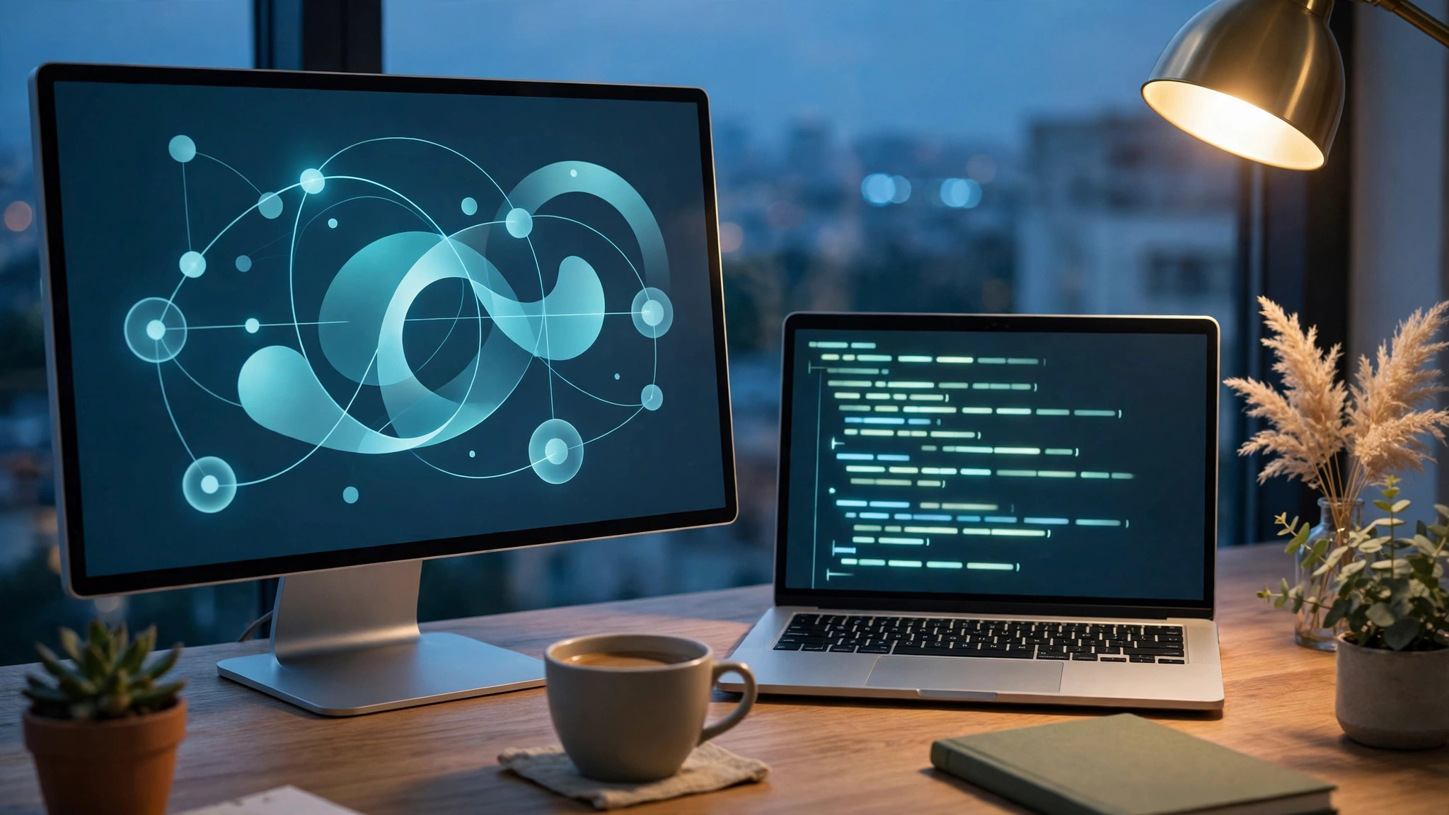 A developer workspace at dusk, a laptop with a code editor and a monitor showing an abstract coding-assistant interface
