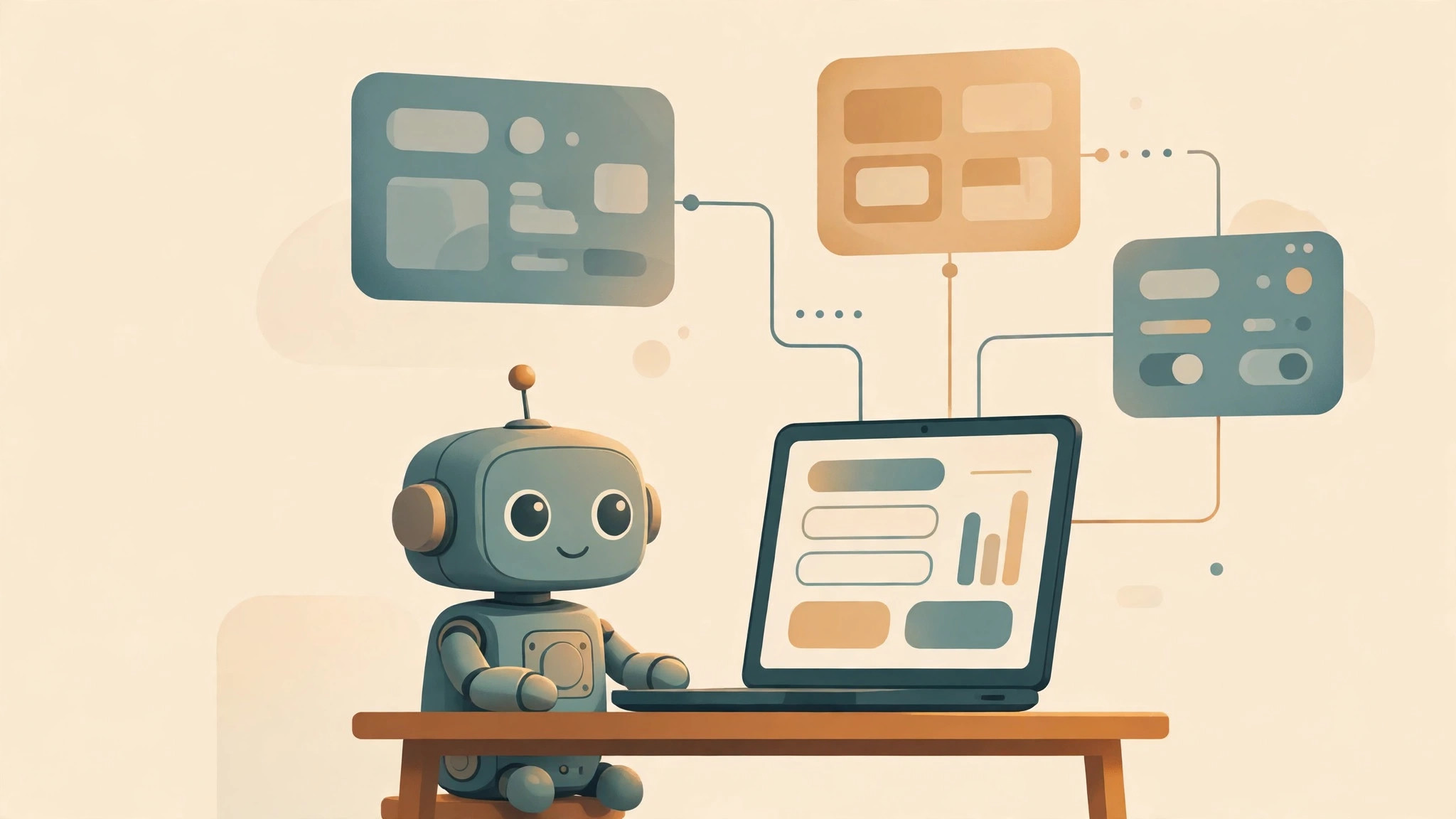 A small robot assistant at a laptop connected to abstract website windows